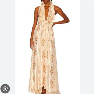 LoveShackFancy Antonie Halter Floral Metallic Maxi Dress Gown Golden Fog Medium